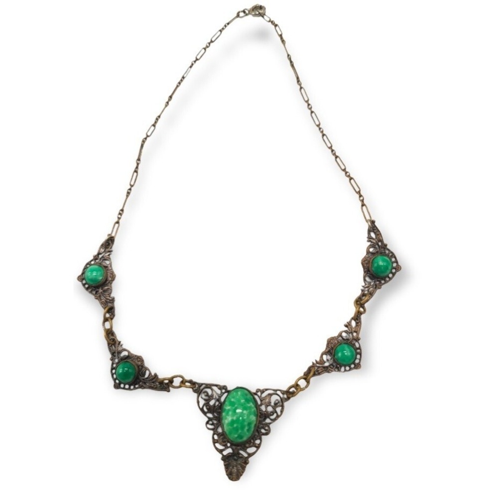 Art Deco Necklace Czech Green Peking Glass Brass Filigree Vintage Jewelry